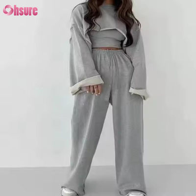 사용자 정의 패션 스포츠 프랑스 테리 스웨트복 여자 3 조각 조거 세트 스웨트 바지 및 절단 햄 크롭 톱 세트