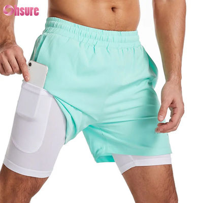 맞춤형 로고 디자인 폴리에스터 2 in 1 짐 반바지 피트니스 운동 의류 남성용 표준 로고 솔리드 반바지 수영 라이너 피트니스 반바지