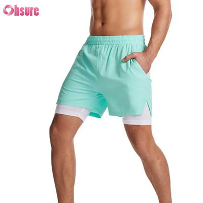 맞춤형 로고 디자인 폴리에스터 2 in 1 짐 반바지 피트니스 운동 의류 남성용 표준 로고 솔리드 반바지 수영 라이너 피트니스 반바지