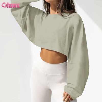 맞춤형 양면 O넥 무지 오버사이즈 크롭 탑 솔리드 캐주얼 운동 스판덱스 여성 긴팔 티셔츠